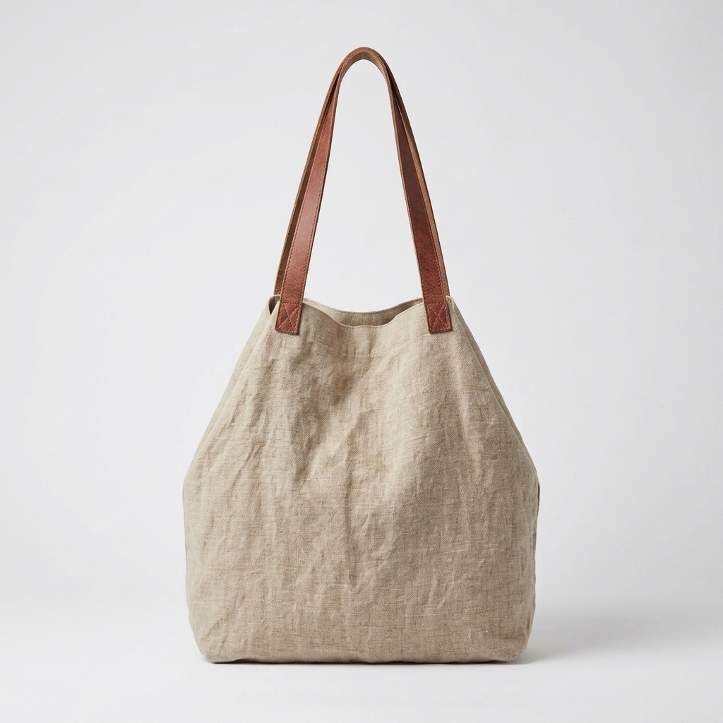 Beige linen tote bag hero on seamless light background.