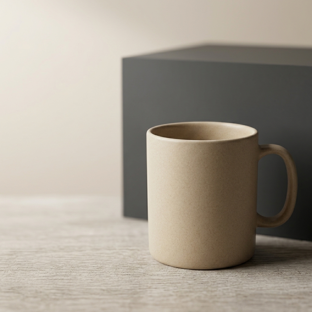 Ad-style composition with the mug against a charcoal block and open space for copy.